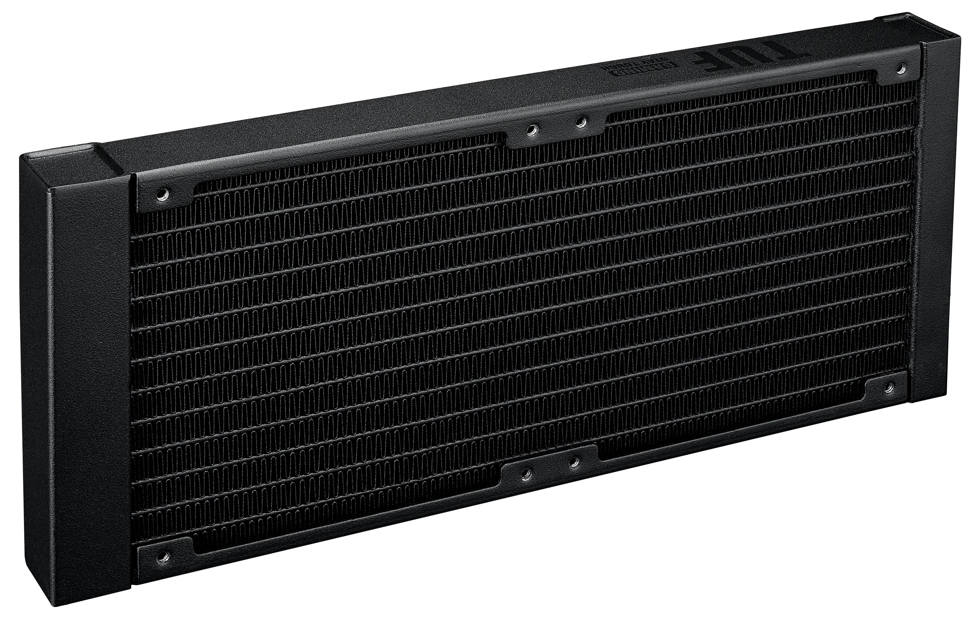 Ein schwarzer rechteckiger Computerradiator mit mehreren parallelen Kühlrippen, der in Flüssigkühlungssystemen für Computer verwendet wird.