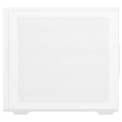 Ein weißes elektronisches Gerätepanel mit perforierter Oberfläche, möglicherweise Teil eines Computergehäuses, wird von vorne gezeigt.