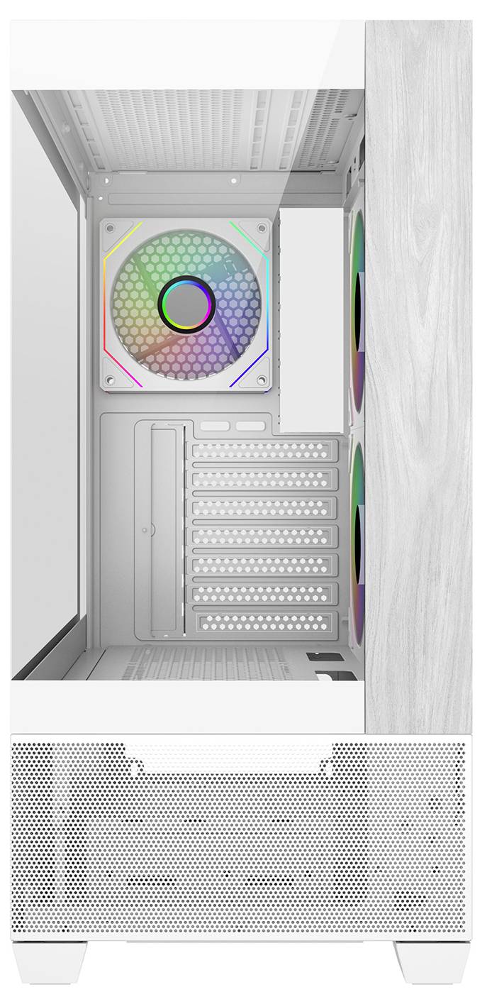 Das Bild zeigt das Innere eines leeren weißen Computer-Tower-Gehäuses mit einem vorderen Gitterpanel und einem RGB-beleuchteten Lüfter im hinteren Bereich.