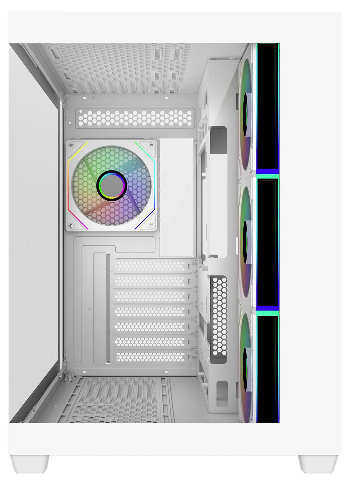 Ein offenes, leeres weißes Computergehäuse mit drei bunten RGB-Lüftern, die auf dem Seitenpanel sichtbar sind, präsentiert den Innenraum für Komponenten.