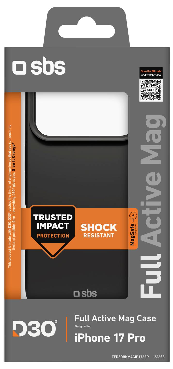 "iPhone 17 Pro Full Active Mag Case" Verpackung in Schwarz mit orangefarbenen Akzenten. Zu den Merkmalen gehören Stoßfestigkeit und Schutz vor Aufprallen.