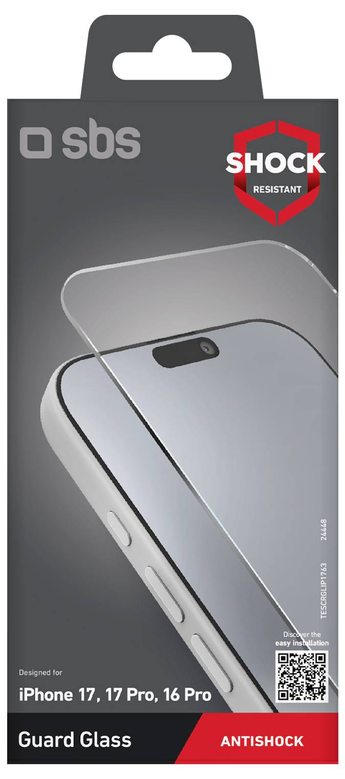 Verpackung für SBS Guard Glass, stoßfeste Displayschutzfolie für iPhone 17, 17 Pro, 16 Pro. Mit 'ANTISHOCK' Etikett.
