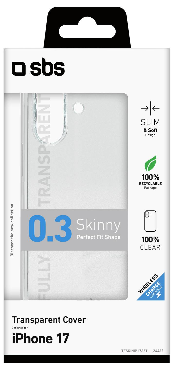 'iPhone 17 transparente Schutzhülle Verpackung; enthält Text: Dünn & Weich, 100% Recycelbar, Kabellos Laden; Design ermöglicht vollständige Sichtbarkeit des Telefons.'