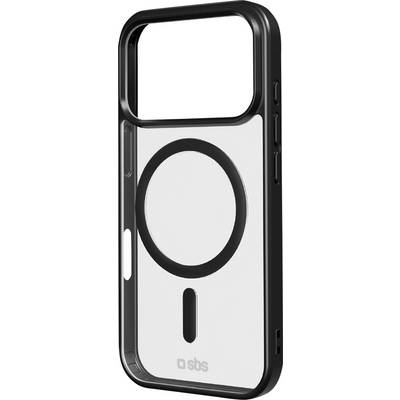 Ein transparenter Smartphone-Handyhülle mit schwarzen Kanten, ausgestattet mit einem großen kreisförmigen magnetischen Ring für MagSafe-Kompatibilität, gekennzeichnet mit SBS.