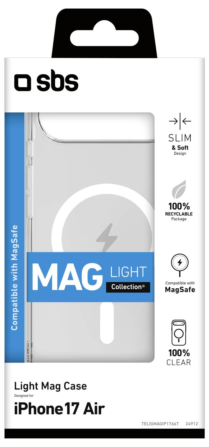 Verpackung für ein 'Light Mag Case', kompatibel mit 'iPhone17 Air', mit schlankem, weichem Design und MagSafe-Kompatibilität. Zu 100% recycelbar.