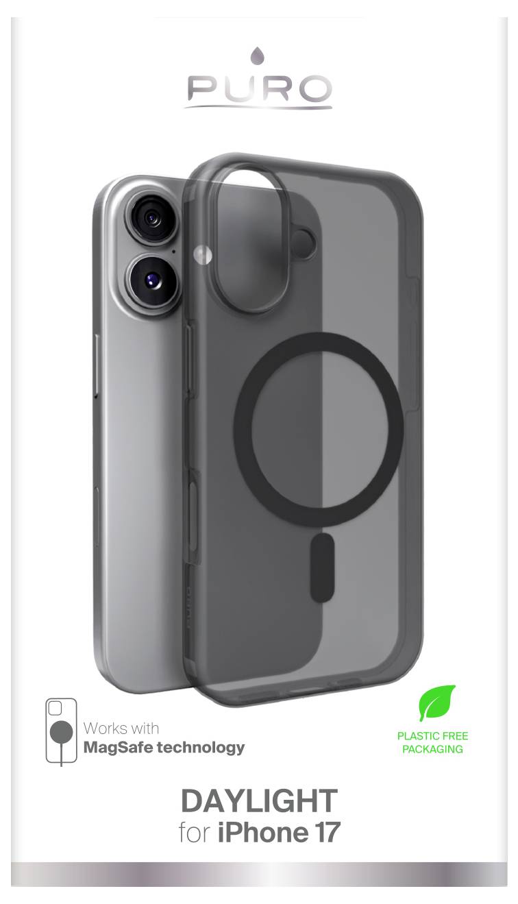 'Puro Daylight' Klarsichtgehäuse für iPhone 17, kompatibel mit MagSafe-Technologie, auf weißer Verpackung präsentiert. Verpackung ohne Plastik vermerkt.