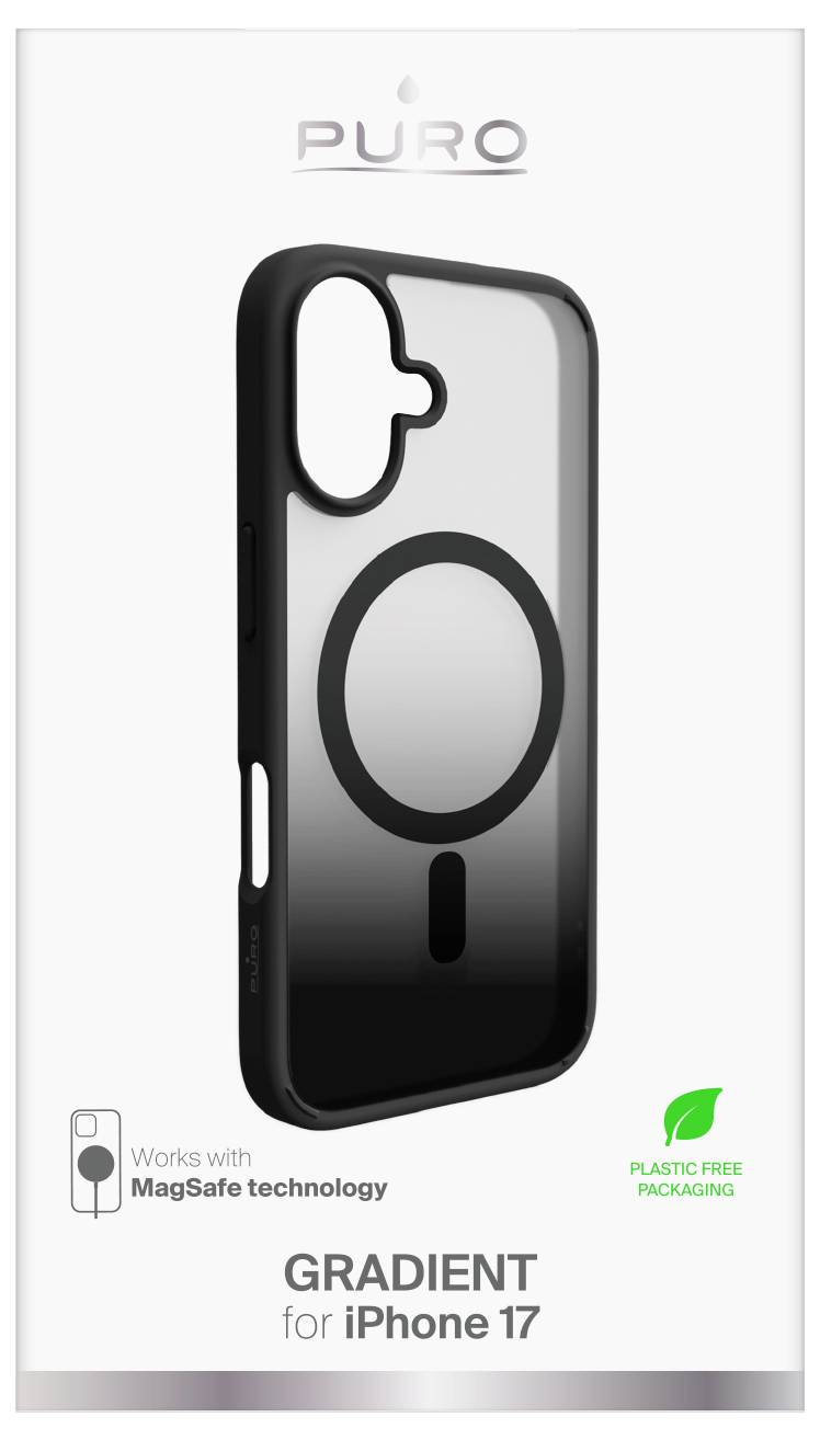 'iPhone 17 Hülle in schwarzem und transparentem Verlaufsdesign, kompatibel mit MagSafe-Technologie. Umweltfreundliche verpackung ohne Plastik.'