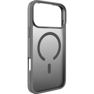 Eine graue Smartphone-Hülle mit einer großen, kreisförmigen Aussparung an der Oberseite für die Kamera und einem Icon, das einem Powersymbol auf der Rückseite ähnelt.
