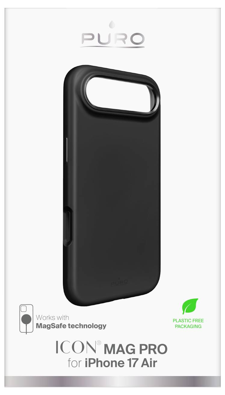 'Puro ICON Mag Pro für iPhone 17 Air', schwarze Handyhülle mit MagSafe-Technologie. Verpackung ohne Plastik auf der Schachtel angegeben.