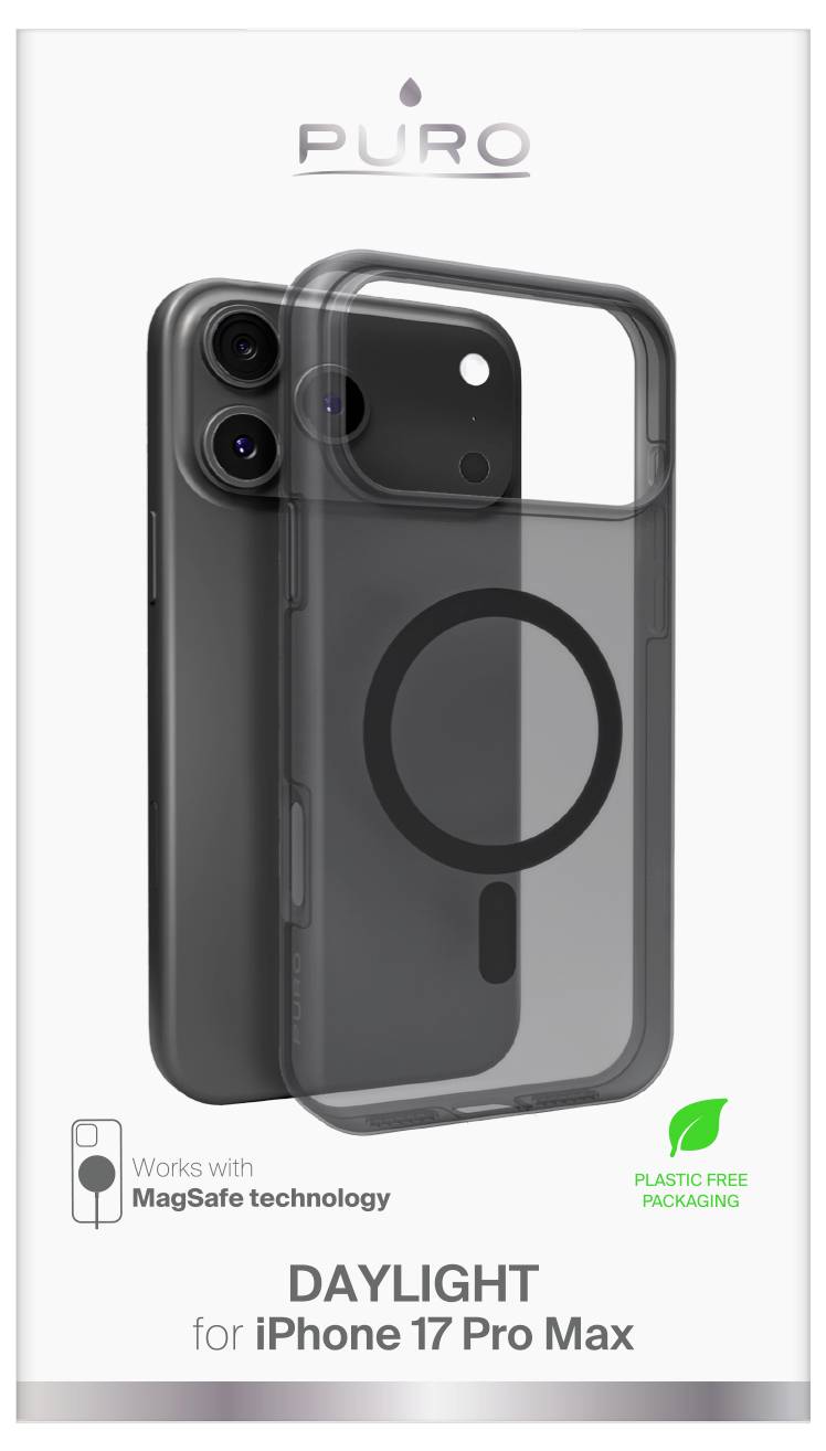 "iPhone 17 Pro Max" Hülle von Puro, transparent mit MagSafe-Kompatibilität. Verpackung hebt plastikfreies Material hervor.