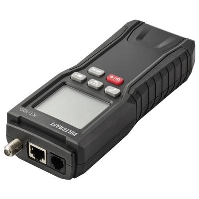Ein tragbarer Netzwerkkabel-Tester mit einem Display und mehreren Tasten, darunter eine rote "Test"- und eine graue "Modus"-Taste. Am unteren Ende befinden sich Ethernet-Anschlüsse.