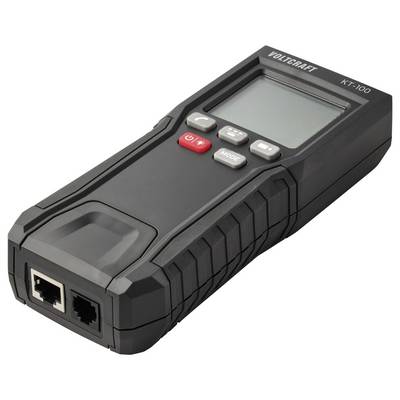 Ein tragbarer Netzwerkkabel-Tester mit Display, beschriftet als ‚VOLTCRAFT KT-100', ausgestattet mit Tasten für Ein/Aus, Modus und Anschlüssen zur Verbindung.