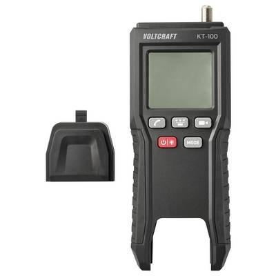 'Ein Voltcraft KT-100 Kabeltester mit einer Schutzkappe daneben. Das Gerät verfügt über ein Display, Tasten für "Strom", "Modus" und LED-Anzeigen.'