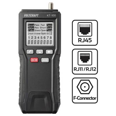 Ein tragbarer Netzwerkkabeltester mit einem LCD-Bildschirm, der verschiedene Testergebnisse anzeigt. Icons für RJ45, RJ11/RJ12 und F-Connector werden dargestellt.