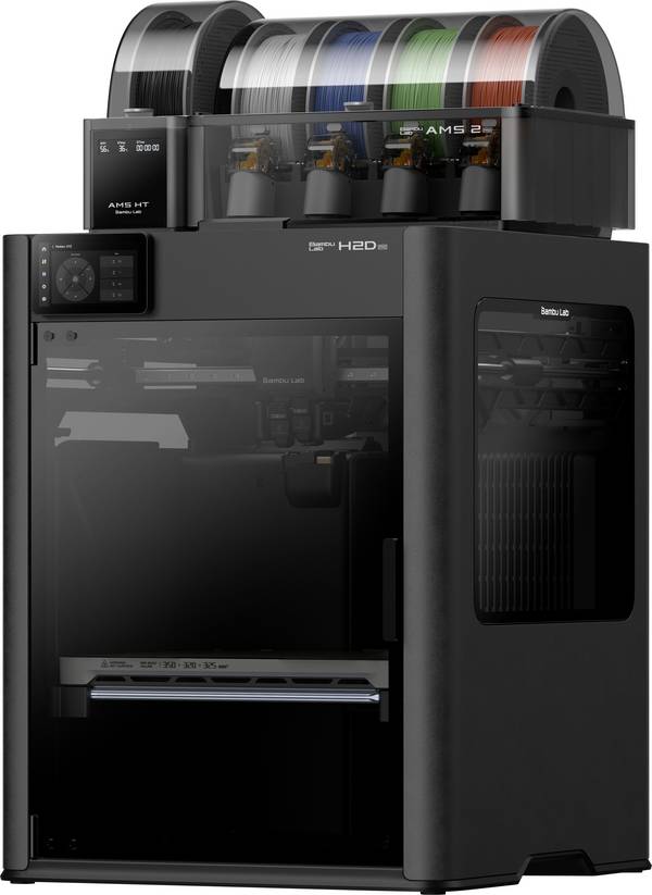 BambuLab H2D Pro (AMS 2 Pro + AMS HT) 3D Drucker  Dual-Düsen-System (Dual Extruder), 12,7 cm Farb-Touchscreen, integrierte Kamera, App-Anbindung, Flammensensor, Mit Feuerlöscher-Funktion, KI-Unterstützung, Notstopp-Schalter, beheizbares Druckbett, Kammerheizung, inkl. Materialsystem