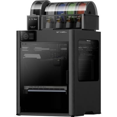 Ein 3D-Drucker mit mehreren Filamentspulen in verschiedenen Farben oben. Der Drucker hat ein elegantes Design und einen Bildschirm auf der linken Seite.