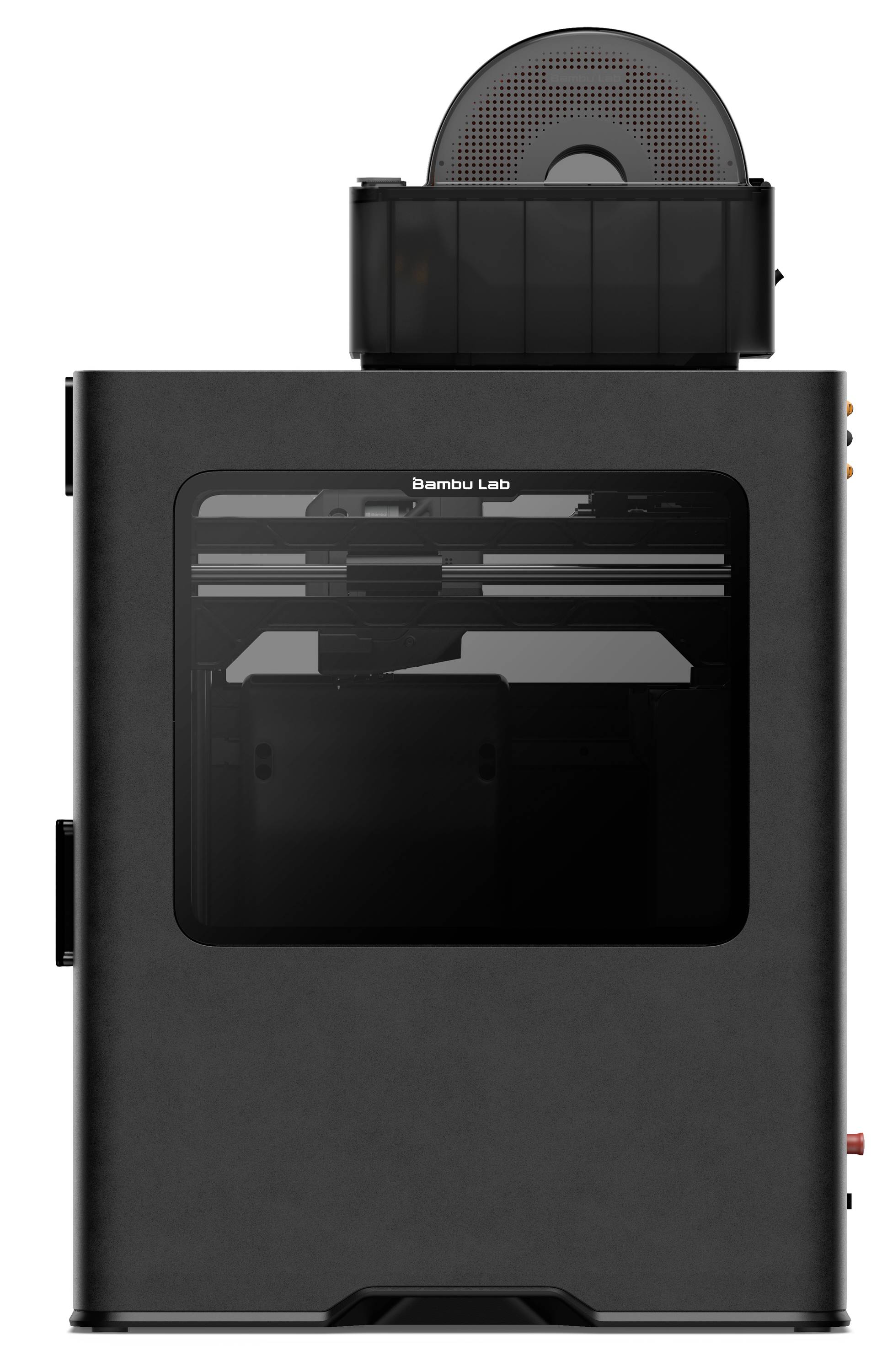 Ein 3D-Drucker mit einem schwarzen Rahmen und einer sichtbaren Filamentrolle oben. Die Frontplatte verfügt über ein transparentes Fenster, das den Druckbereich zeigt.