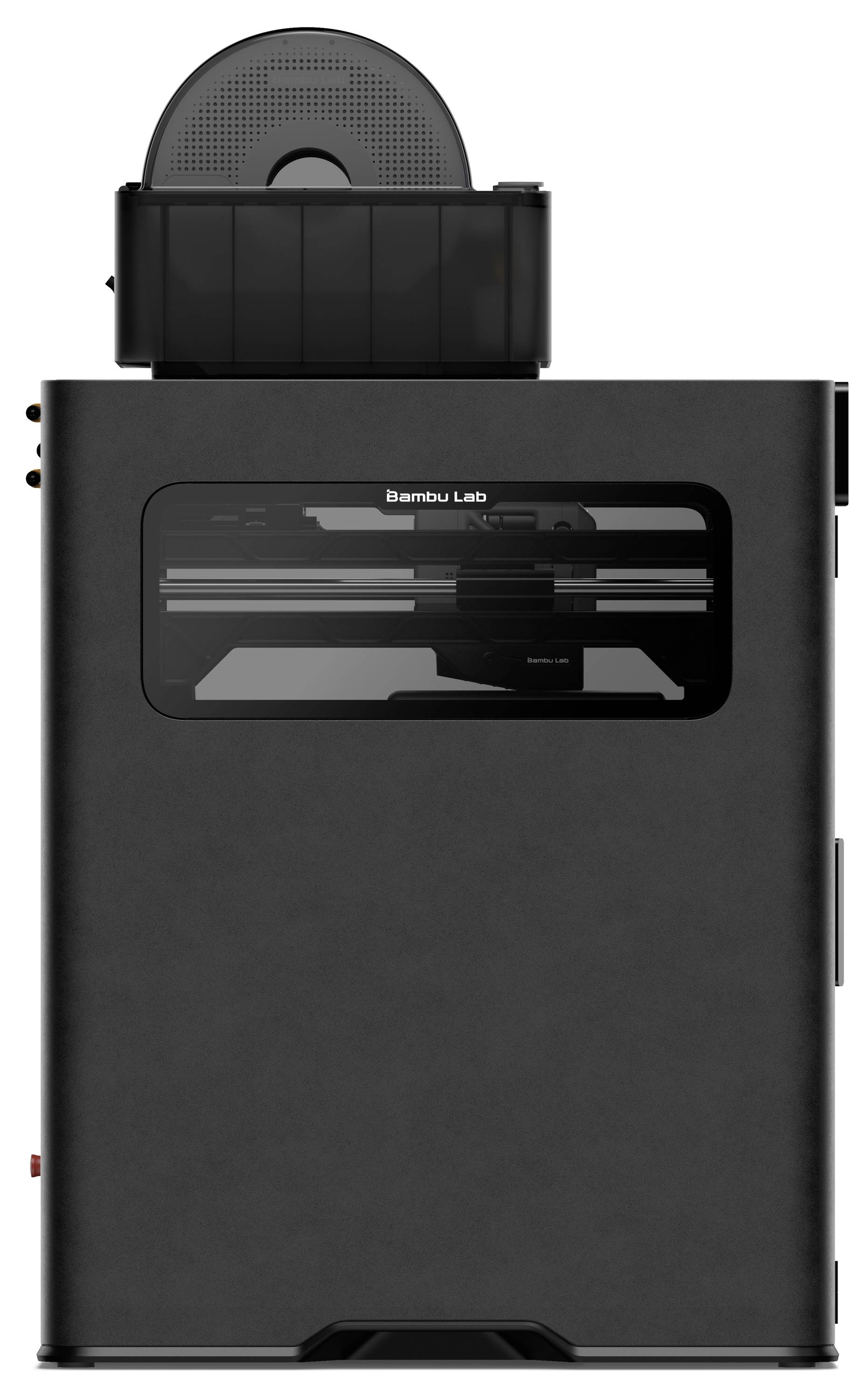 Ein schlanker schwarzer 3D-Drucker mit einem transparenten Sichtfenster wird von der Seite gezeigt und verfügt über einen oben montierten Spulenhalter.