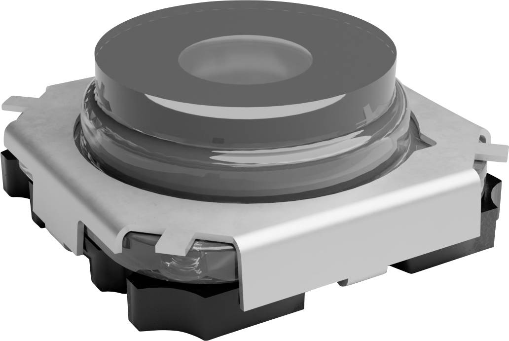 Ein Drucktastenschalter mit einer kreisförmigen, transparenten Abdeckung, montiert auf einer quadratischen schwarzen Basis mit Metallfliesen an jeder Seite.