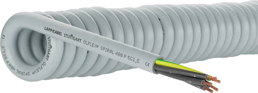 Ein gewickeltes graues Kabel mit freigelegten Kupferdrähten am Ende, mit der Bezeichnung 'ÖLFLEX SPIRAL 400 P 5G1,5'. Enthält mehrere farbige Drähte im Inneren.