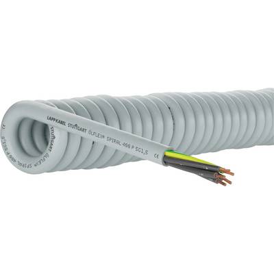 Ein gewickeltes graues Kabel mit freigelegten Kupferdrähten am Ende, mit der Bezeichnung 'ÖLFLEX SPIRAL 400 P 5G1,5'. Enthält mehrere farbige Drähte im Inneren.