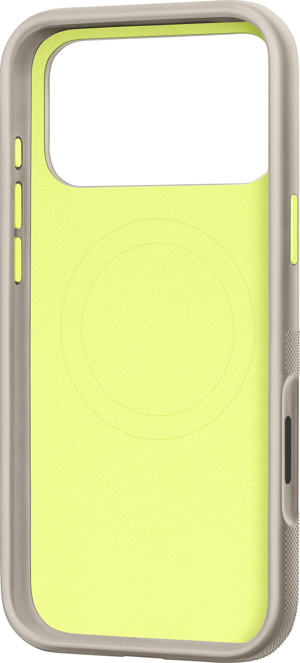 Eine Handyhülle mit einem beigen äußeren Rahmen und einer leuchtend gelben Rückseite, mit Aussparungen für Tasten, Kamera und Kompatibilität mit drahtlosem Laden.