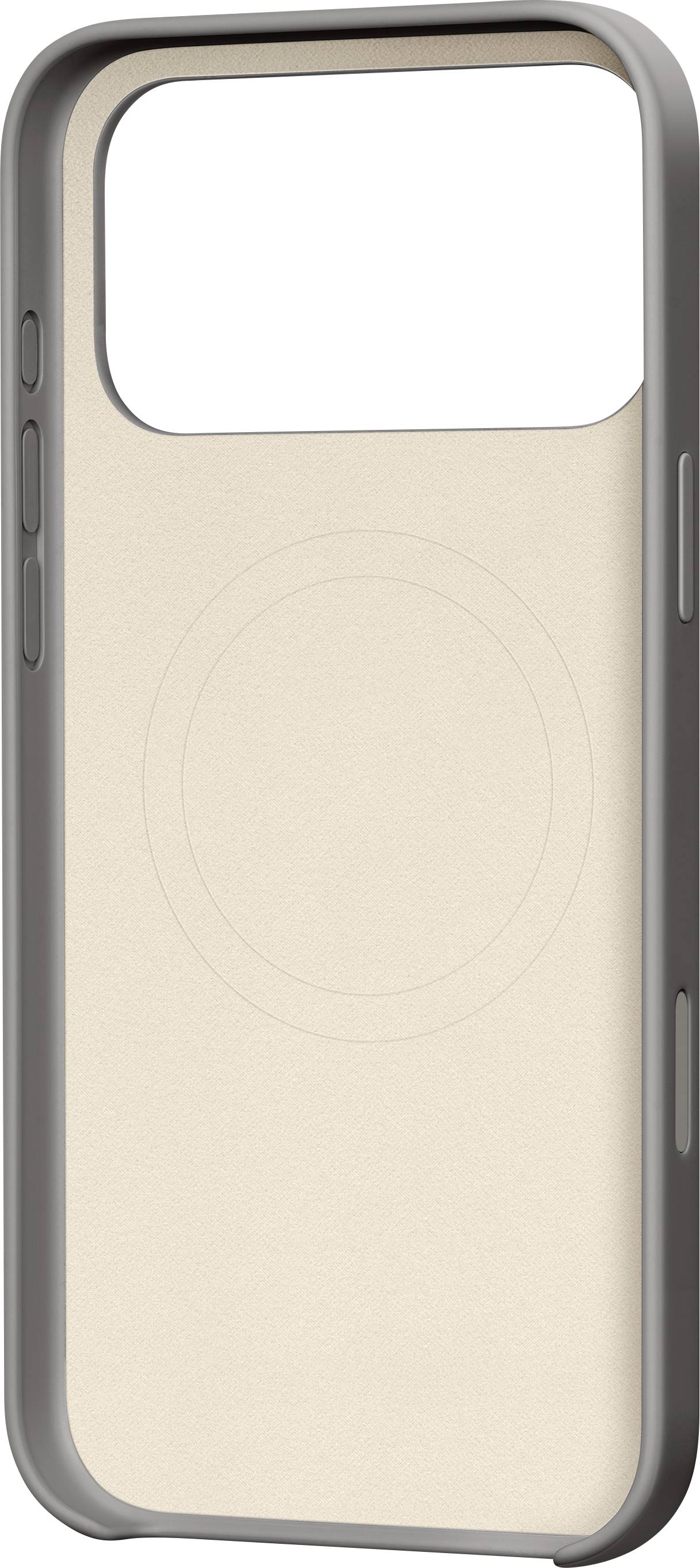 Eine beige und graue Smartphone-Hülle mit einem kreisförmigen MagSafe-Umriss, die einen Schutzrahmen und Tastenausschnitte zeigt, entwickelt für iPhones.