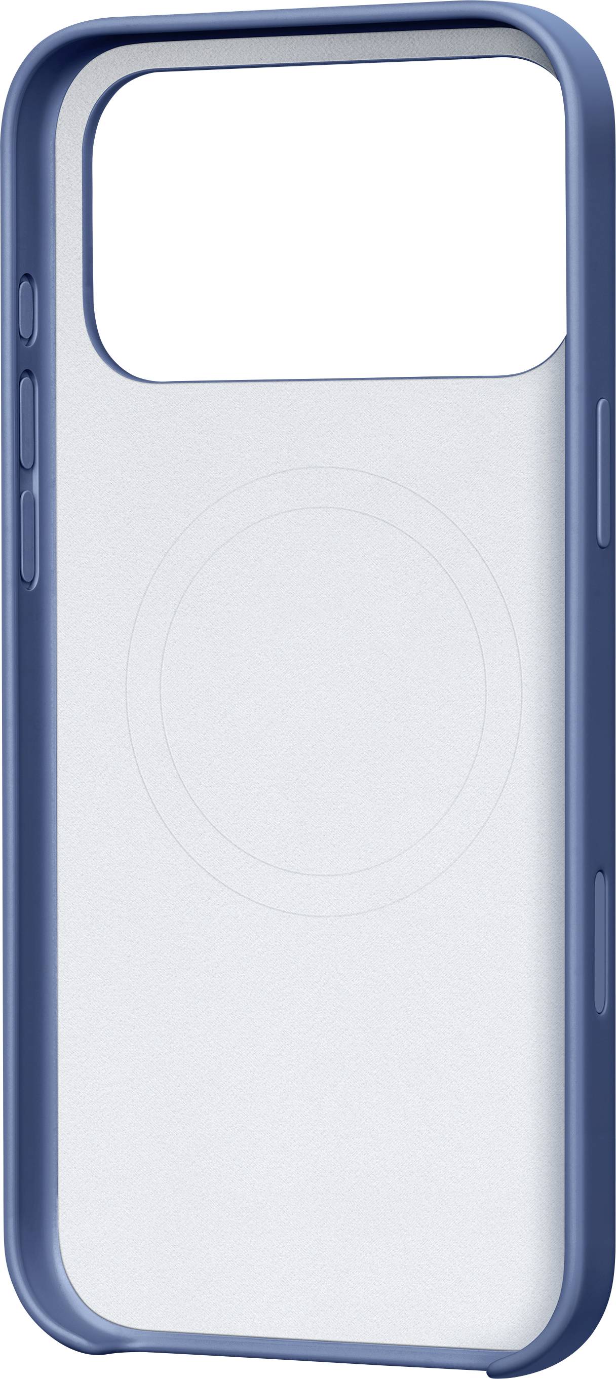 Handyhülle mit blauem Rand und weißer Rückseite, mit einem kreisförmigen Design in der Mitte der Rückseite.