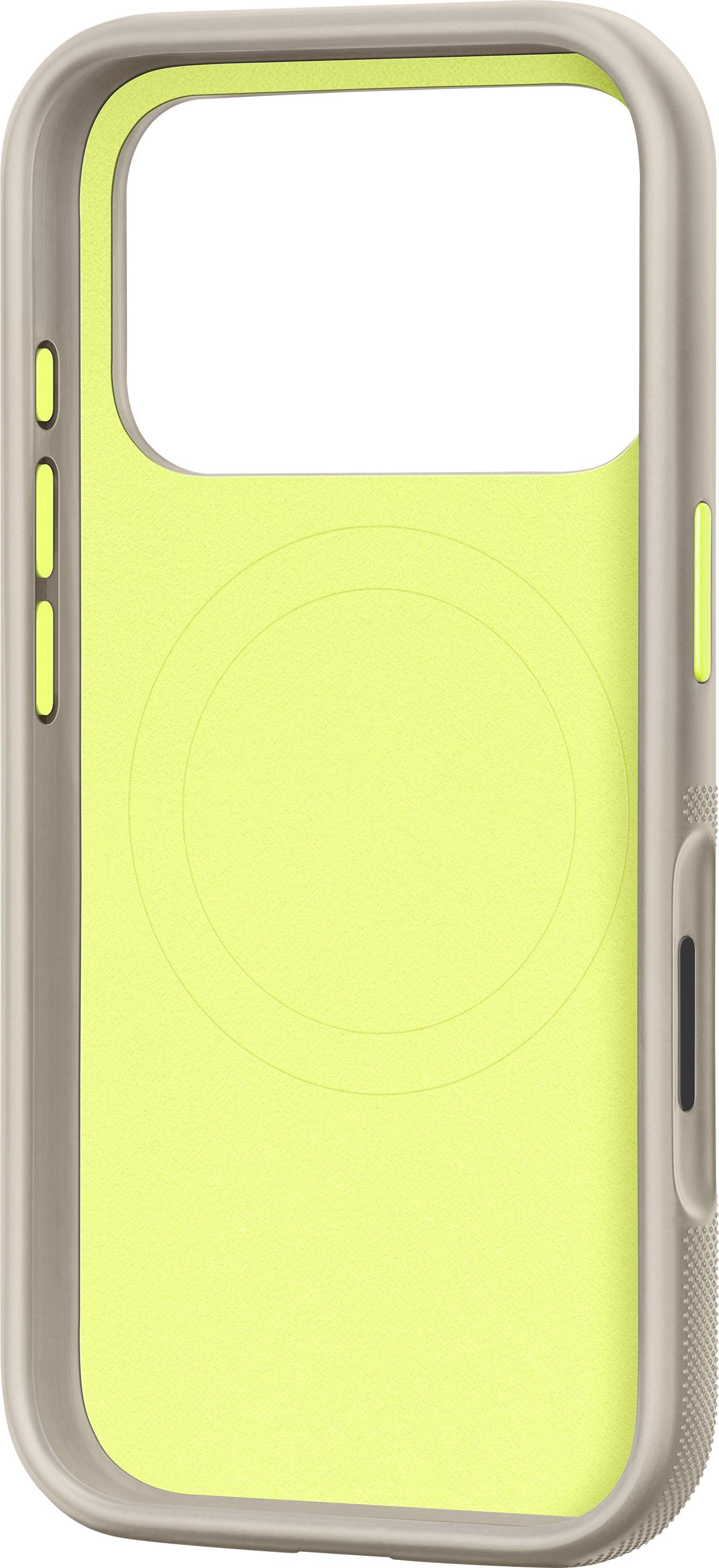Eine beige und neon-gelbe Smartphone-Hülle mit Aussparungen für Tasten und einem kreisförmigen Design, geeignet für ein rechteckiges Kameramodul.