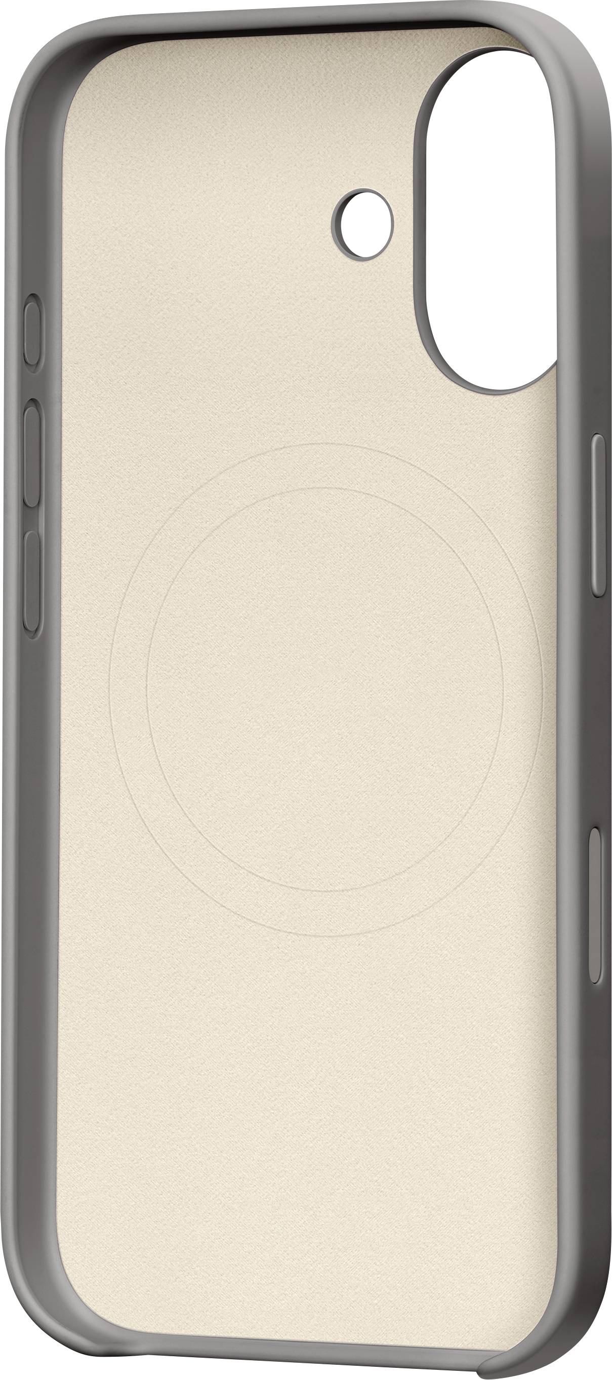 Eine Schutzhülle für ein Smartphone mit grauem Rand und beigefarbener Rückseite, die ein kreisförmiges Design um einen Kameraausschnitt herum aufweist.