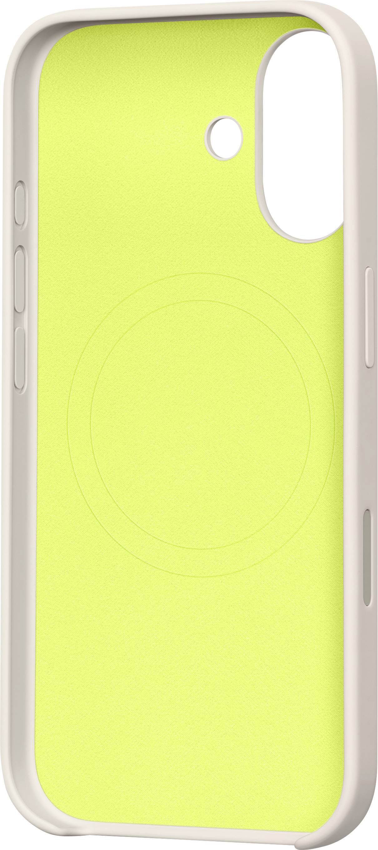 Eine leuchtend gelbe Handyhülle mit einem kreisförmigen Design in der Mitte, die zum Schutz entwickelt wurde und mit drahtlosem Laden kompatibel ist.