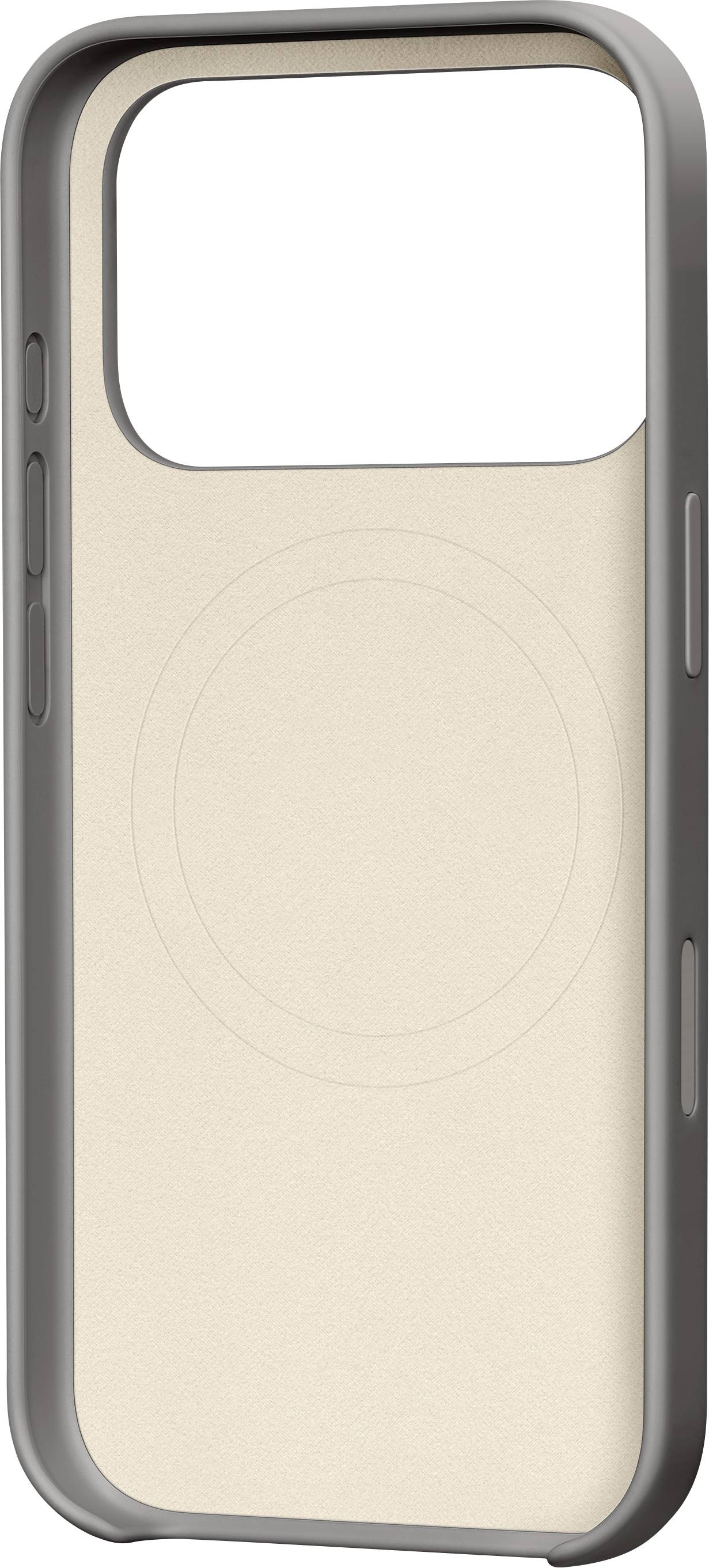 Eine beige Handyhülle mit einer kreisförmigen Vertiefung auf der Rückseite für MagSafe-Befestigung, mit einem grauen Stoßrand für zusätzlichen Schutz.