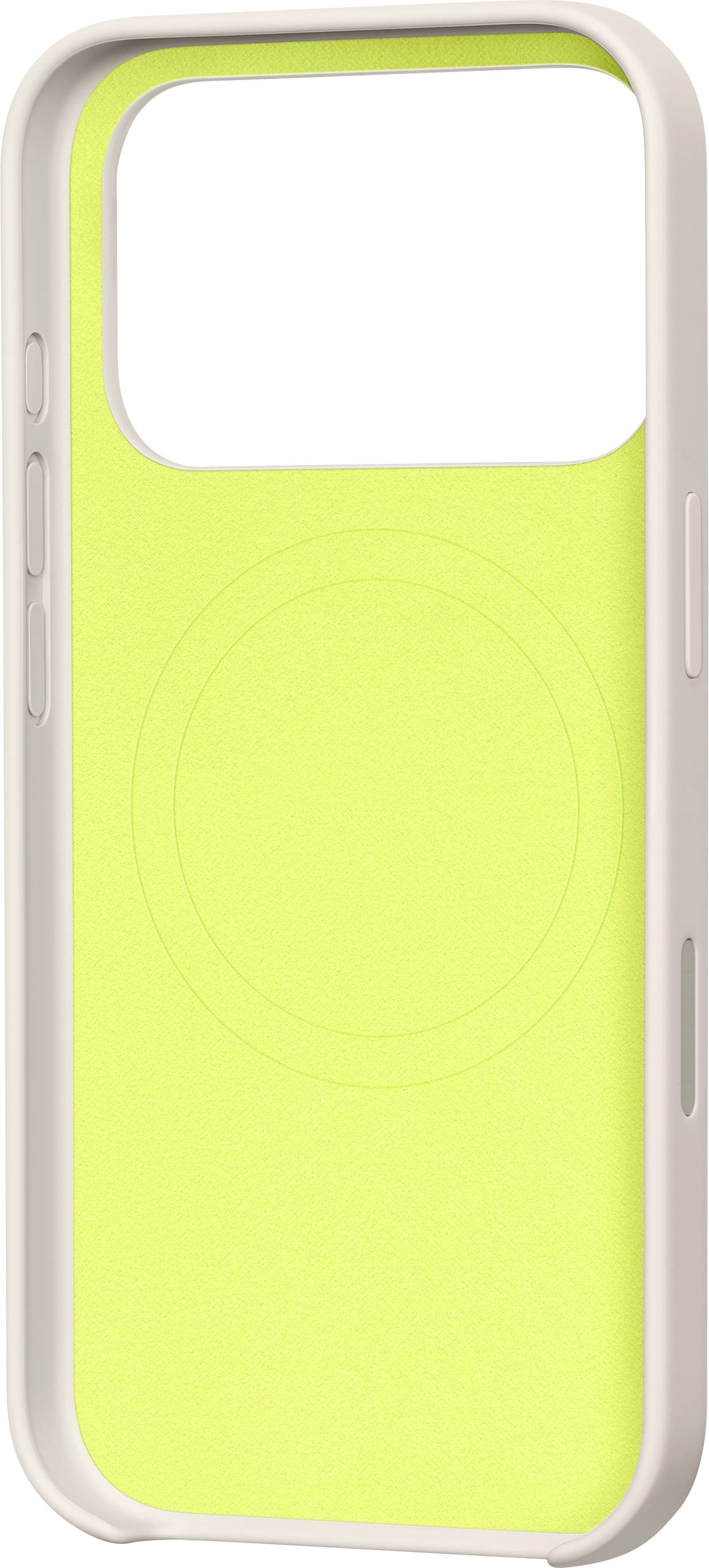 Ein neongelbes Smartphone-Gehäuse mit einer großen Kameraausparung und integriertem kreisförmigen MagSafe-Muster, entwickelt für moderne mobile Geräte.