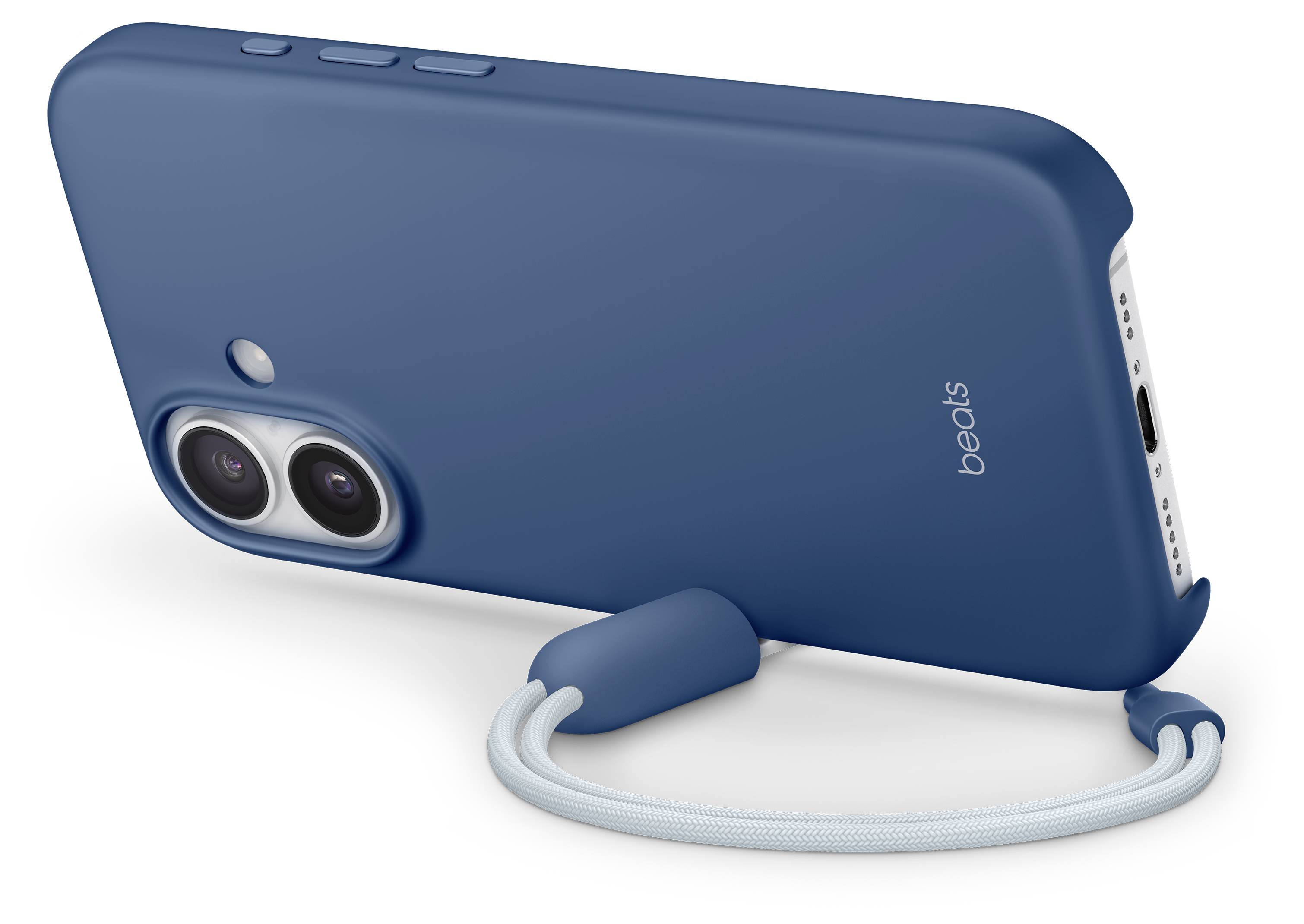 Eine blaue Handyhülle mit Dual-Kameras und einem passenden Handgelenkband, das am Ladeanschluss befestigt ist, mit dem Schriftzug "beats" an der Seite.