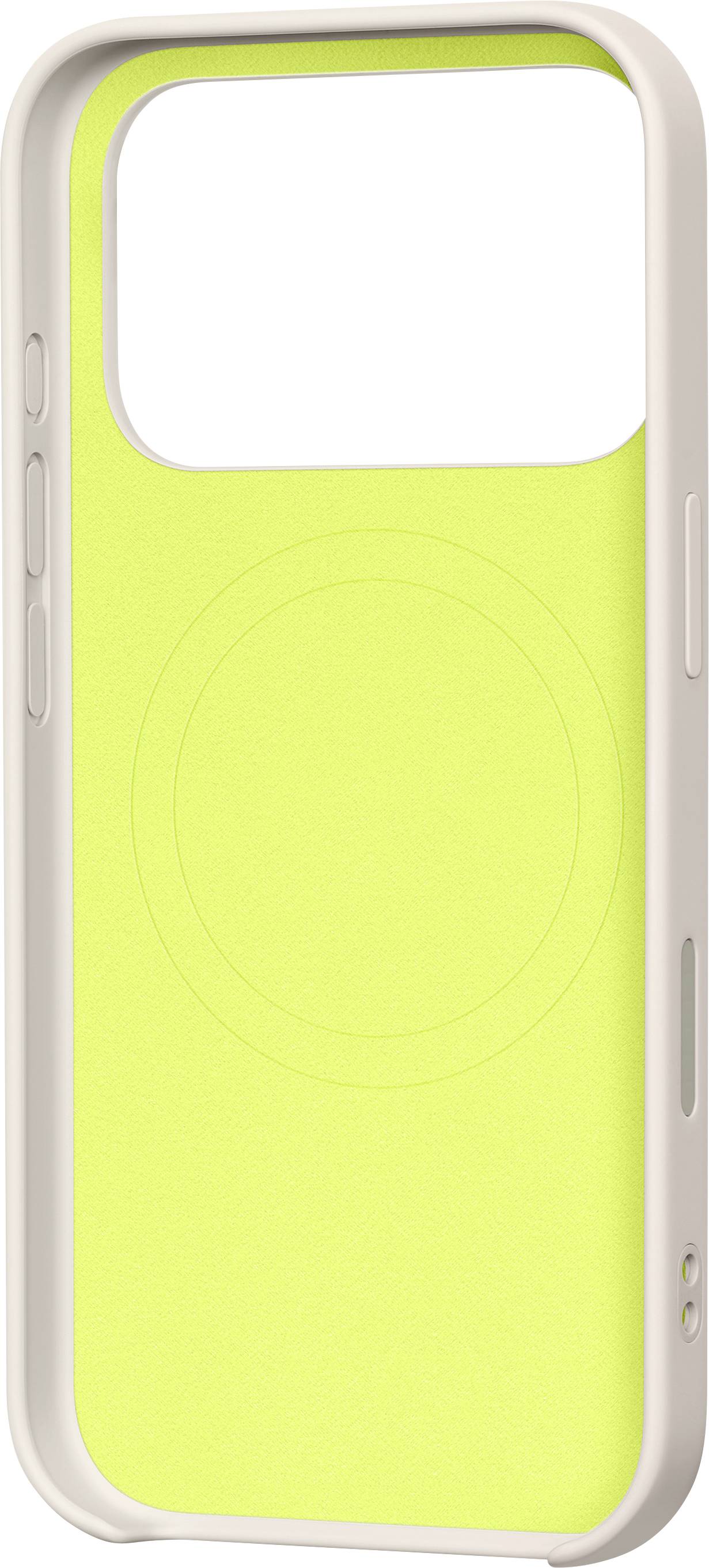 Eine Handyhülle, die mit MagSafe kompatibel ist, mit einer leuchtend gelben Rückseite und weißen Seitenflächen, die Tastenausschnitte und ein schützendes Design zeigt.