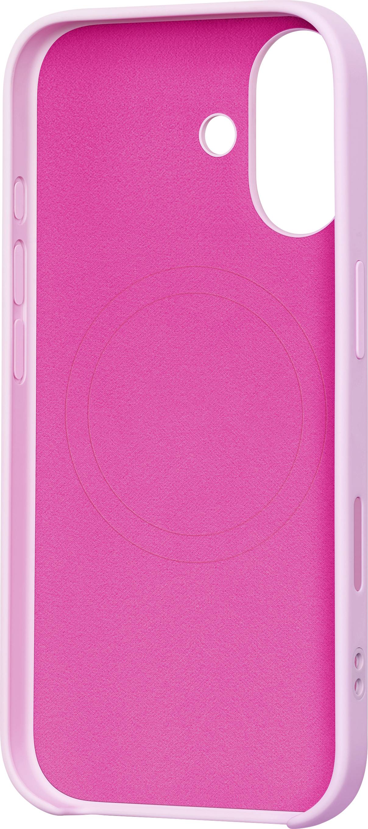 Eine rosa und hellrosa Smartphone-Hülle mit einer kreisförmigen Vertiefung, die seitliche Aussparungen für Tasten und eine Aussparung für die Kamera oben aufweist.