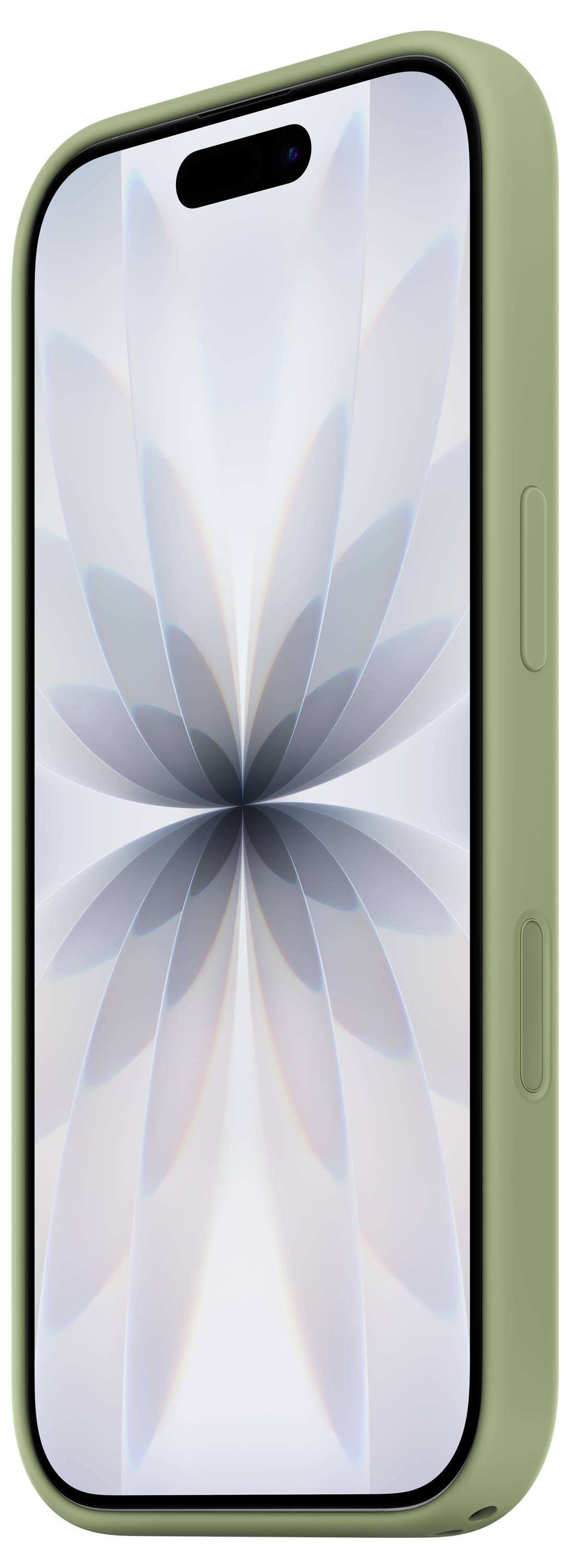 Smartphone mit grünem Gehäuse, das ein abstraktes Blumendesign auf dem Bildschirm zeigt.