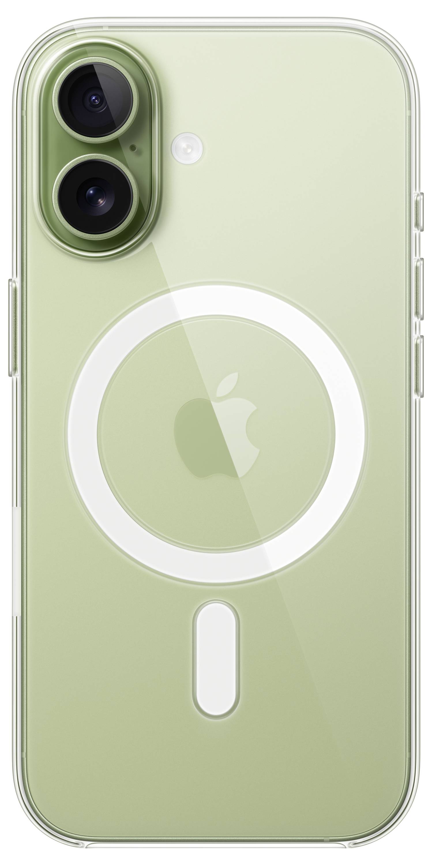 Eine grüne Smartphone-Hülle mit MagSafe-Kompatibilität, mit sichtbarem kreisförmigen Magnetumriss auf der Rückseite, entwickelt für sichere Zubehöranbringung.