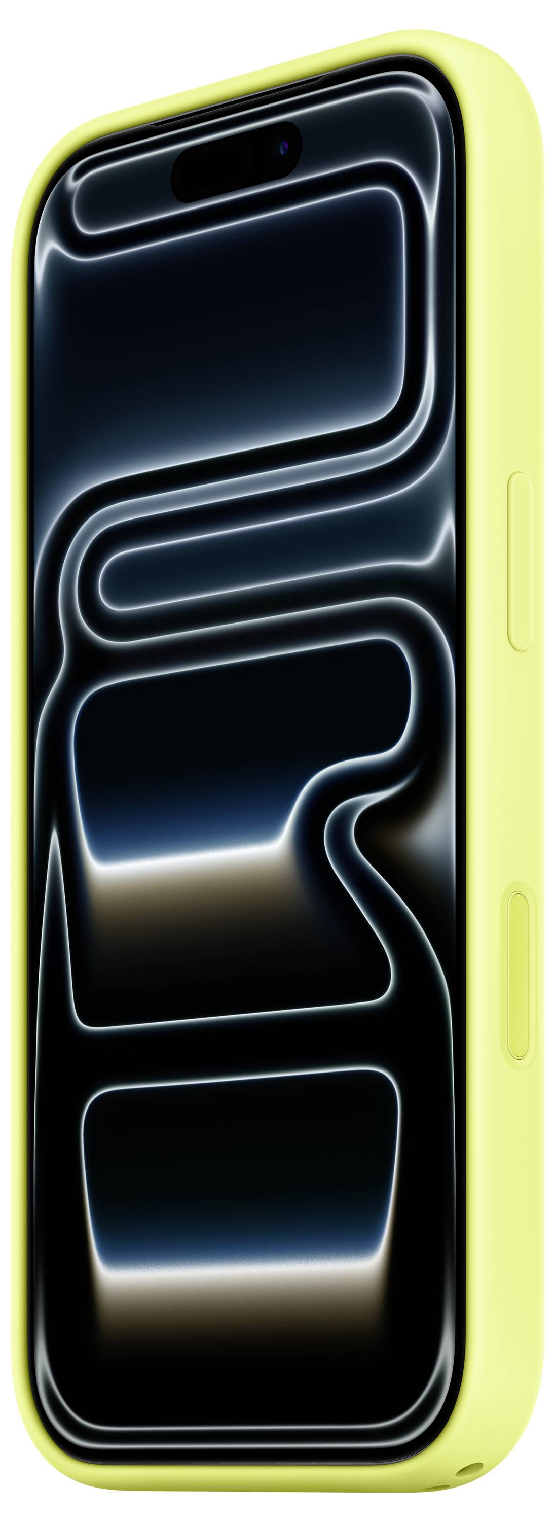 Ein Smartphone mit gelber Hülle, auf dessen Bildschirm ein schlankes, abstraktes Hintergrundbild in Schwarz und Blau zu sehen ist.