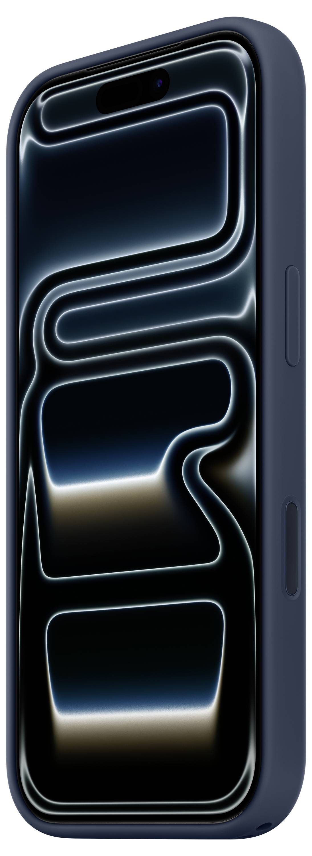 Ein Smartphone mit einem dunklen, abstrakten Design auf dem Bildschirm, umgeben von einem schlanken schwarzen Gehäuse, in einem schrägen Winkel präsentiert.