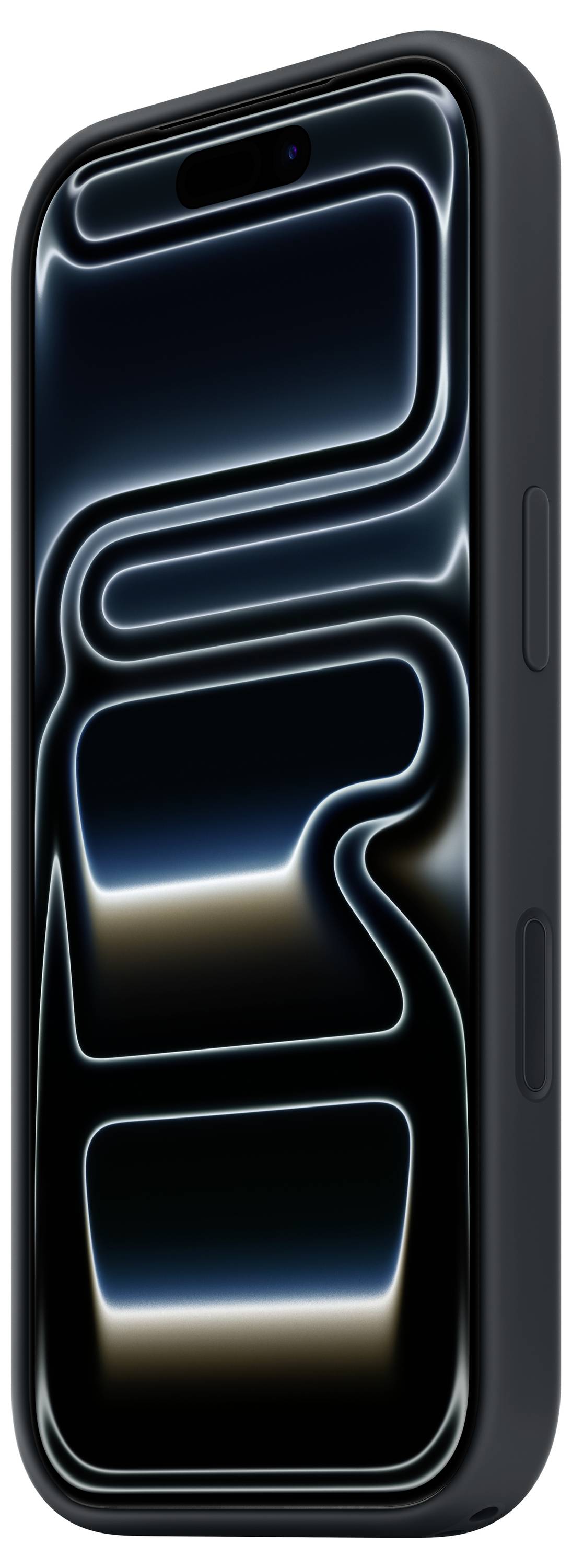 Ein schlankes Smartphone mit einem dunklen, futuristischen Display, auf dem geschwungene, leuchtende Linien verlaufen. Das Gerät hat einen schwarzen Rahmen mit seitlichen Tasten.