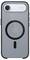 Ein Smartphone mit einer grauen MagSafe-Hülle, die auf der Rückseite ein schwarzes kreisförmiges Design aufweist und das Apple-Logo in der Mitte zeigt.