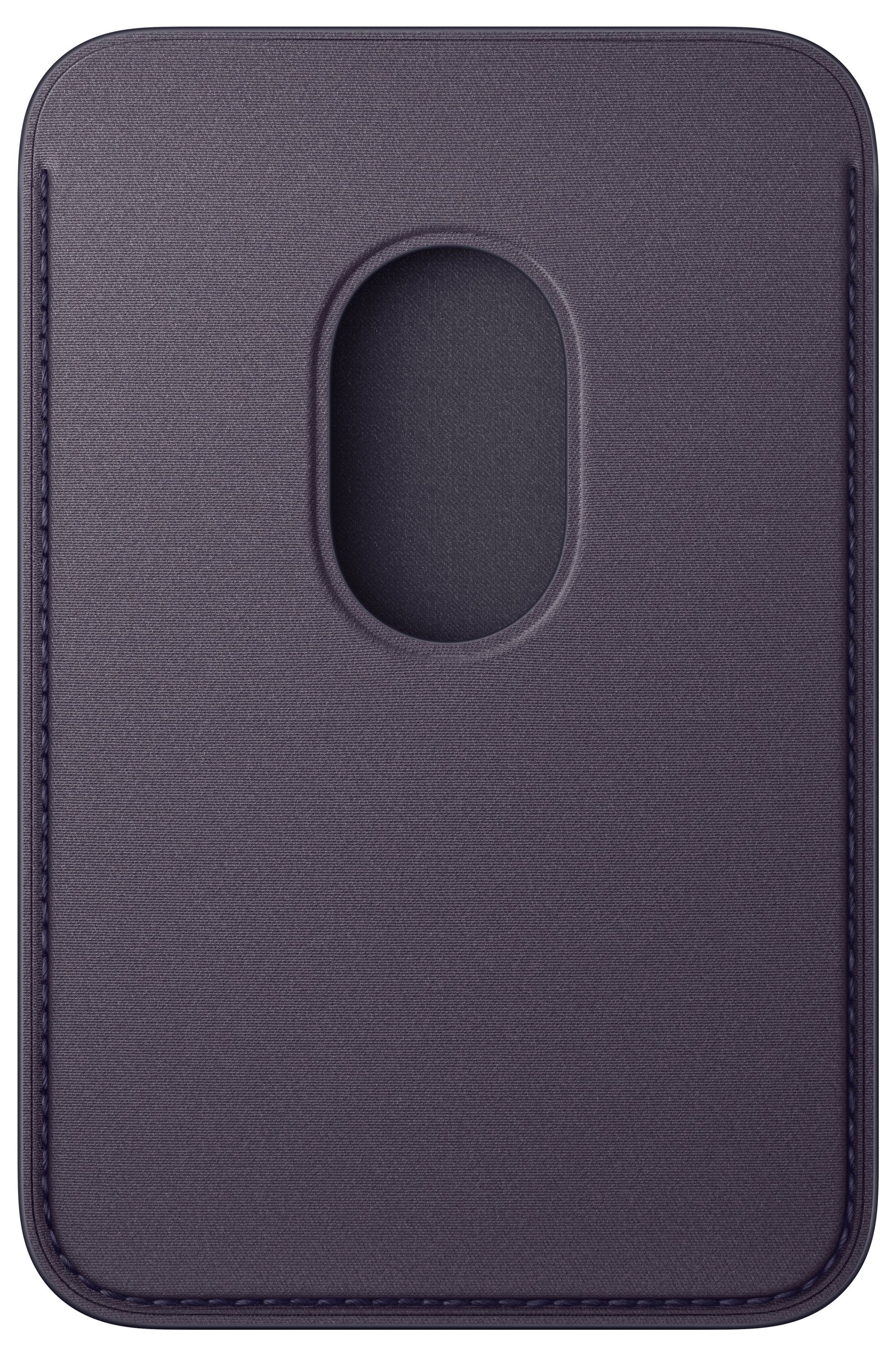 Eine dunkle, rechteckige Lederbrieftasche mit einer zentralen ovalen Öffnung zum Zugriff auf Karten. Das Design ist minimalistisch und elegant.
