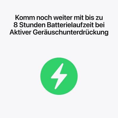 Ein Symbol eines Batterie-Ladestands unter einem Text: 'Komm noch weiter mit bis zu 8 Stunden Batterielaufzeit bei Aktiver Geräuschunterdrückung'.