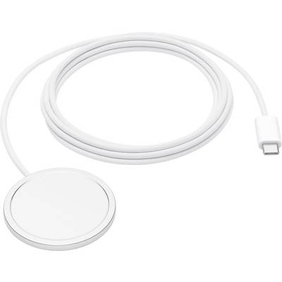 Ein weißes Ladekabel mit einer kreisförmigen magnetischen Ladeplatte und einem USB-C-Anschluss am anderen Ende, das zum Aufladen kompatibler Geräte verwendet wird.