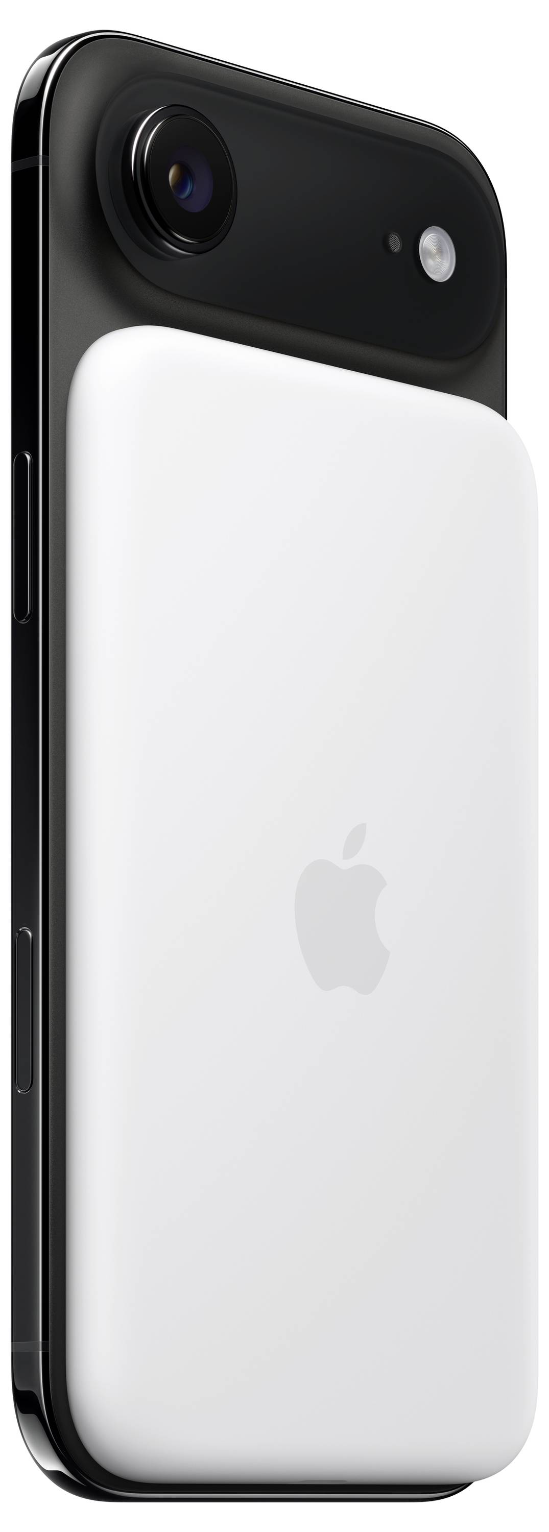 Ein Smartphone mit elegantem schwarzem Finish, auf dessen Rückseite ein weißes Zubehörteil mit dem Apple-Logo angebracht ist, was auf eine drahtlose Ladefähigkeit hindeutet.