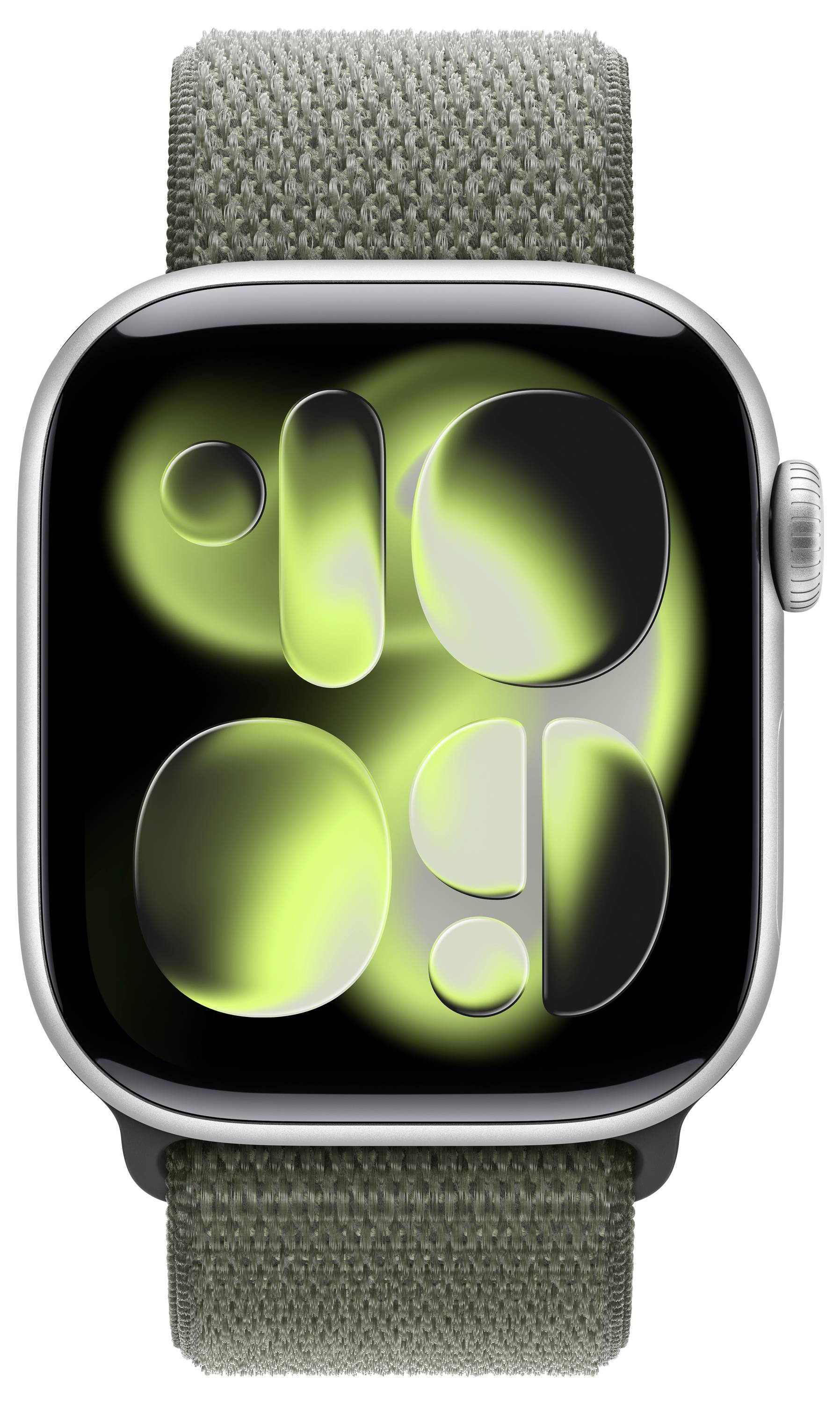 Eine Smartwatch mit einem grauen Stoffarmband zeigt ein neongrünes und schwarzes abstraktes Muster auf ihrem Bildschirm.