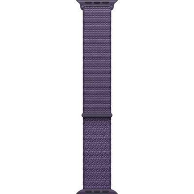 Ein violettes, gewebtes Uhrenarmband mit strukturiertem Muster, entwickelt zum Tragen an einer Smartwatch.