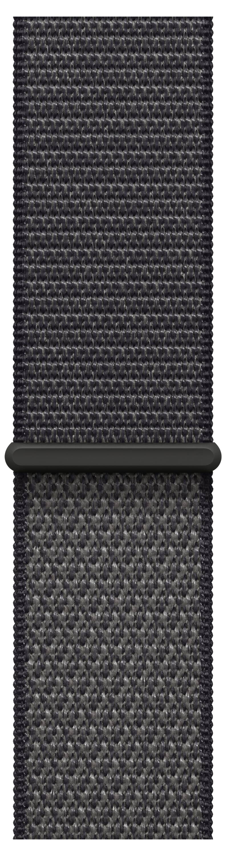 Eine Nahaufnahme eines dunklen gewebten Stoffriemens mit einer schwarzen Schlaufe, möglicherweise für eine Uhr oder eine Tasche, die Textur und Befestigungsdetails zeigt.