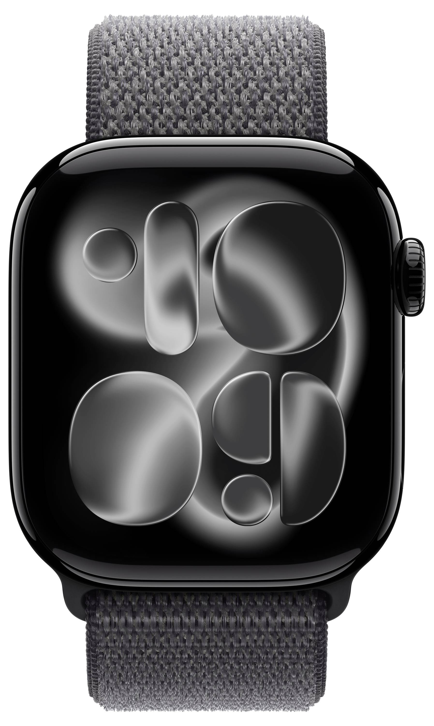 Eine Smartwatch mit einem dunklen gewebten Armband und einem reflektierenden abstrakten Muster auf dem Bildschirm. Die Uhr verfügt über einen eleganten schwarzen Rahmen.